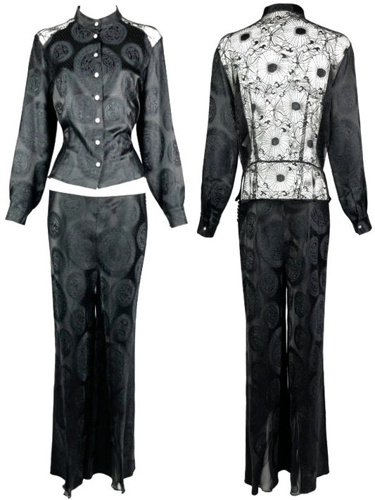 F/W 2002 John Galliano Black Silk Cheongsam Chinoiserie Sheer Lace Blouse Pant Suit Set