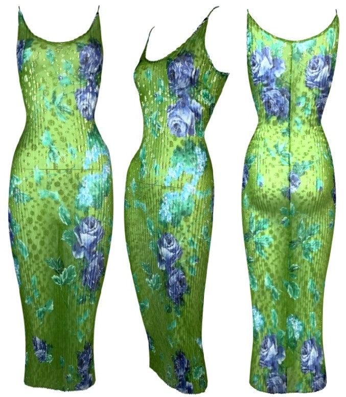 F/W 2000 Dolce & Gabbana Runway 1930's Style Pleated Sheer Green Floral Pleated Bodycon Dress